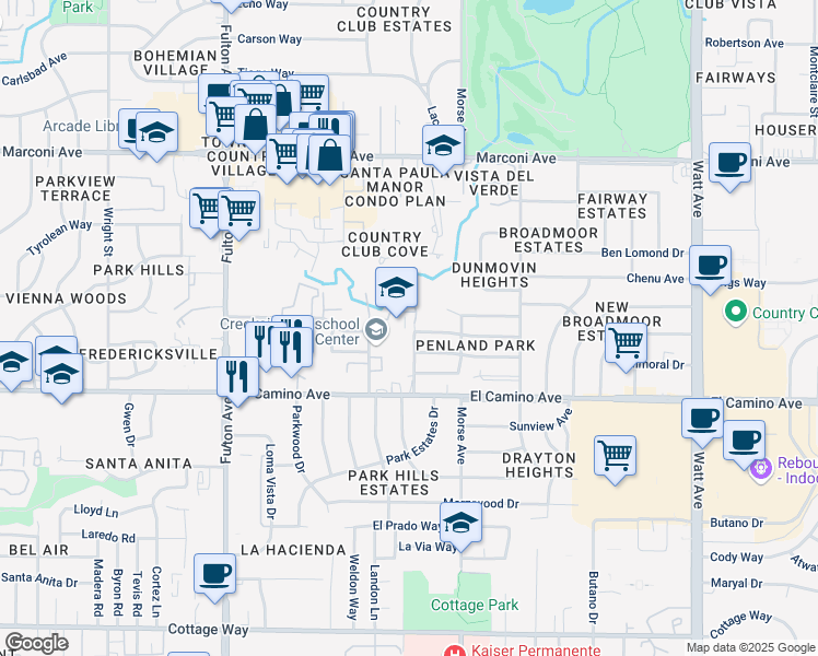 map of restaurants, bars, coffee shops, grocery stores, and more near 2641 Kent Drive in Sacramento