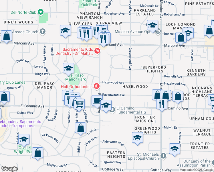 map of restaurants, bars, coffee shops, grocery stores, and more near 4308 Hazelwood Avenue in Sacramento
