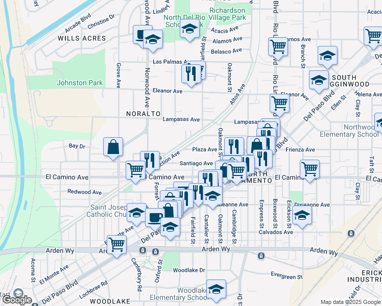 map of restaurants, bars, coffee shops, grocery stores, and more near 615 Plaza Avenue in Sacramento