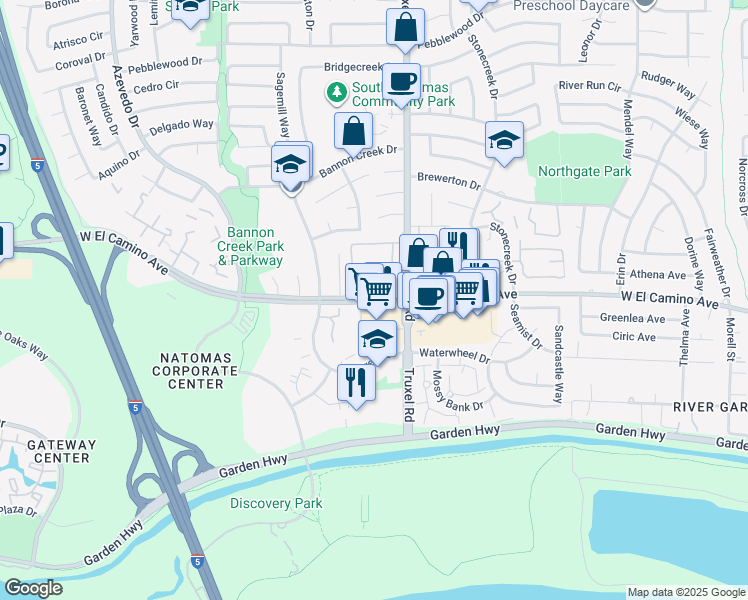 map of restaurants, bars, coffee shops, grocery stores, and more near 1681 West El Camino Avenue in Sacramento