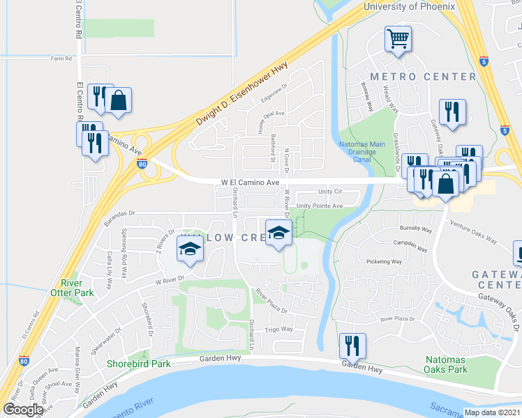 map of restaurants, bars, coffee shops, grocery stores, and more near 2947 Bergamo Way in Sacramento