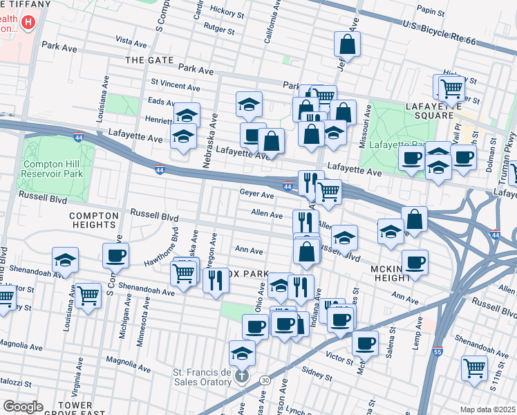map of restaurants, bars, coffee shops, grocery stores, and more near 2728 Geyer Avenue in St. Louis