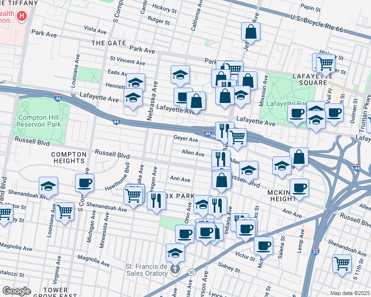 map of restaurants, bars, coffee shops, grocery stores, and more near 2728 Geyer Avenue in St. Louis