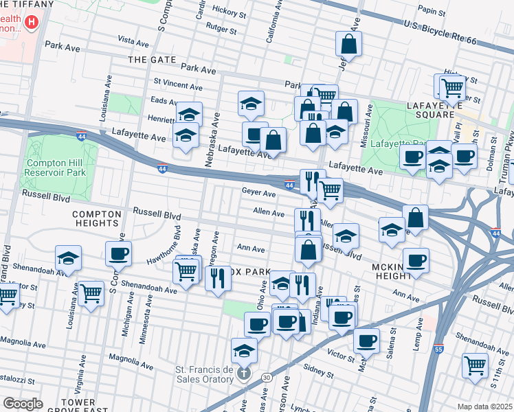 map of restaurants, bars, coffee shops, grocery stores, and more near 2728 Geyer Avenue in St. Louis