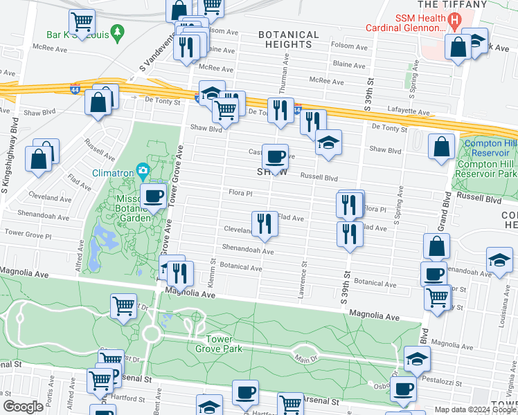 map of restaurants, bars, coffee shops, grocery stores, and more near 4122 Flora Place in St. Louis