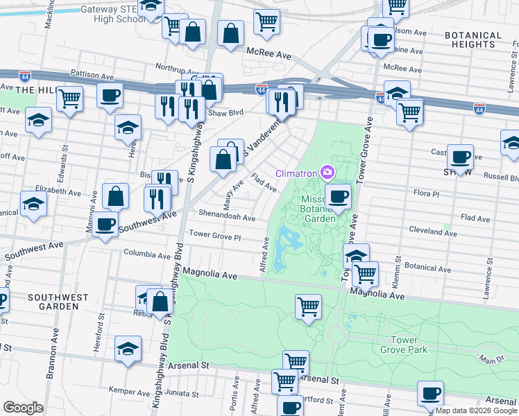 map of restaurants, bars, coffee shops, grocery stores, and more near 2123 Alfred Avenue in St. Louis