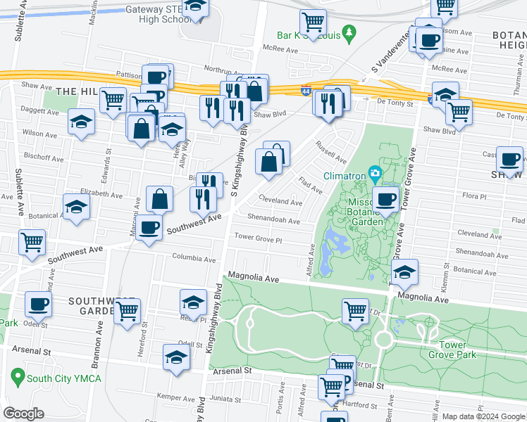 map of restaurants, bars, coffee shops, grocery stores, and more near 4608 Cleveland Avenue in St. Louis