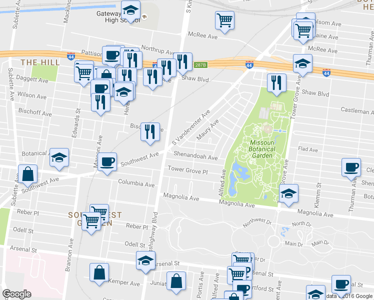map of restaurants, bars, coffee shops, grocery stores, and more near 4608 Cleveland Avenue in St. Louis