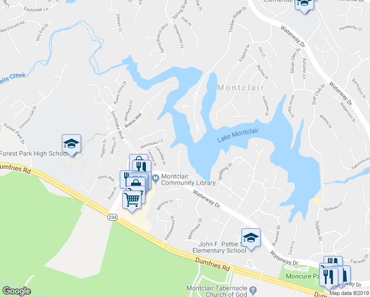 map of restaurants, bars, coffee shops, grocery stores, and more near 15753 Widewater Drive in Dumfries