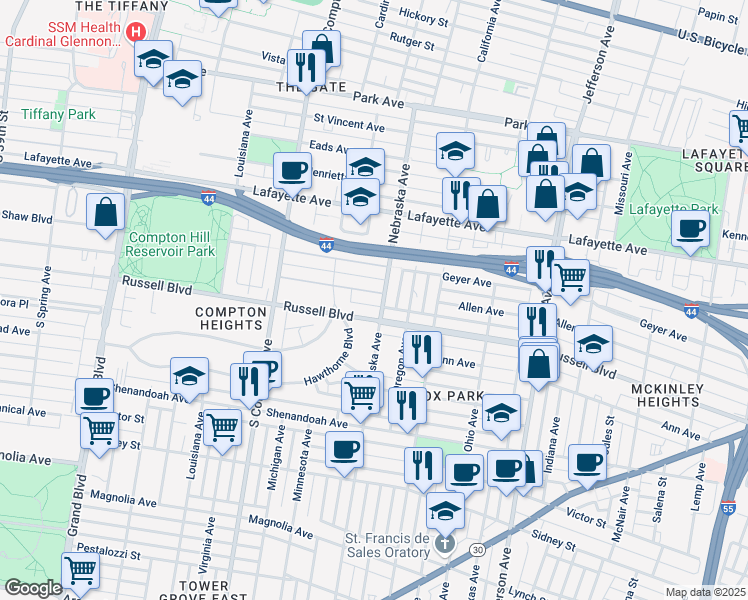 map of restaurants, bars, coffee shops, grocery stores, and more near 2910 Allen Avenue in St. Louis