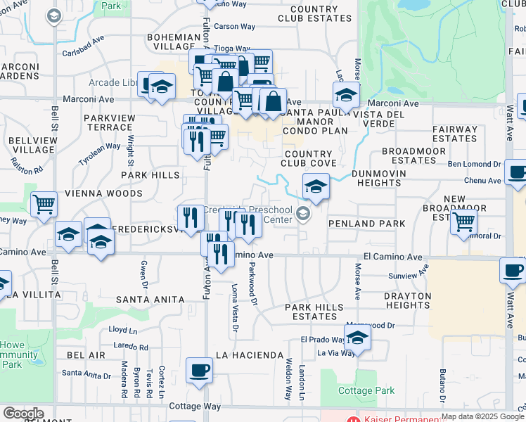 map of restaurants, bars, coffee shops, grocery stores, and more near 2740 Elvyra Way in Sacramento