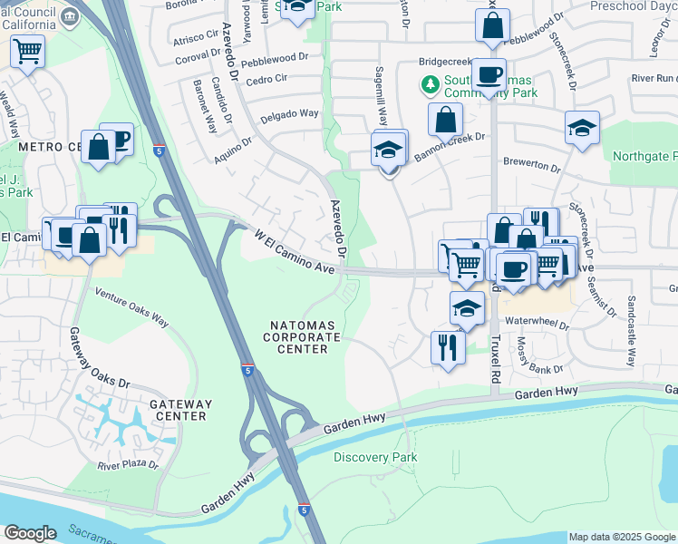 map of restaurants, bars, coffee shops, grocery stores, and more near 1975 West El Camino Avenue in Sacramento