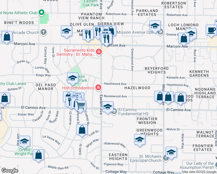 map of restaurants, bars, coffee shops, grocery stores, and more near 4308 Hazelwood Avenue in Sacramento