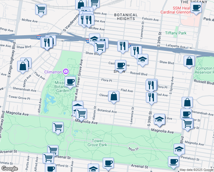 map of restaurants, bars, coffee shops, grocery stores, and more near 4141 Flad Avenue in St. Louis