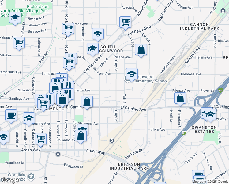 map of restaurants, bars, coffee shops, grocery stores, and more near 1131 Frienza Avenue in Sacramento
