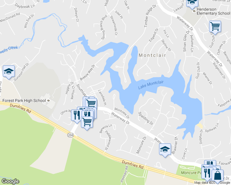 map of restaurants, bars, coffee shops, grocery stores, and more near 15745 Widewater Dr in Dumfries