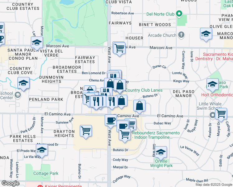 map of restaurants, bars, coffee shops, grocery stores, and more near 2610 Watt Avenue in Sacramento