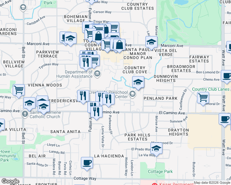 map of restaurants, bars, coffee shops, grocery stores, and more near 2740 Elvyra Way in Sacramento