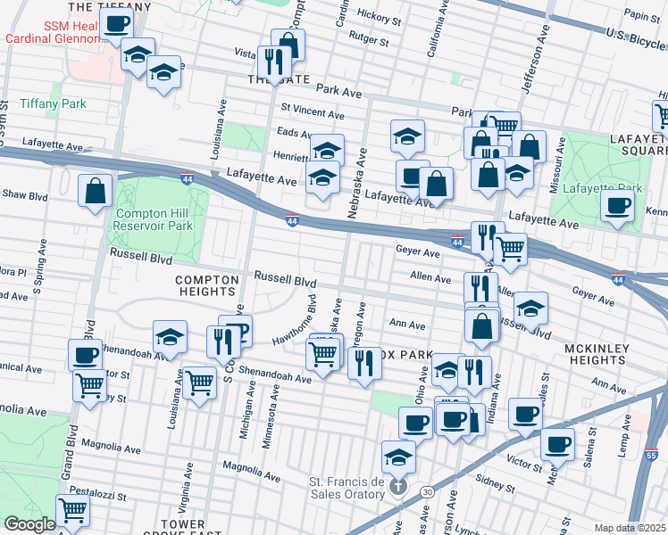 map of restaurants, bars, coffee shops, grocery stores, and more near 2910 Allen Avenue in St. Louis