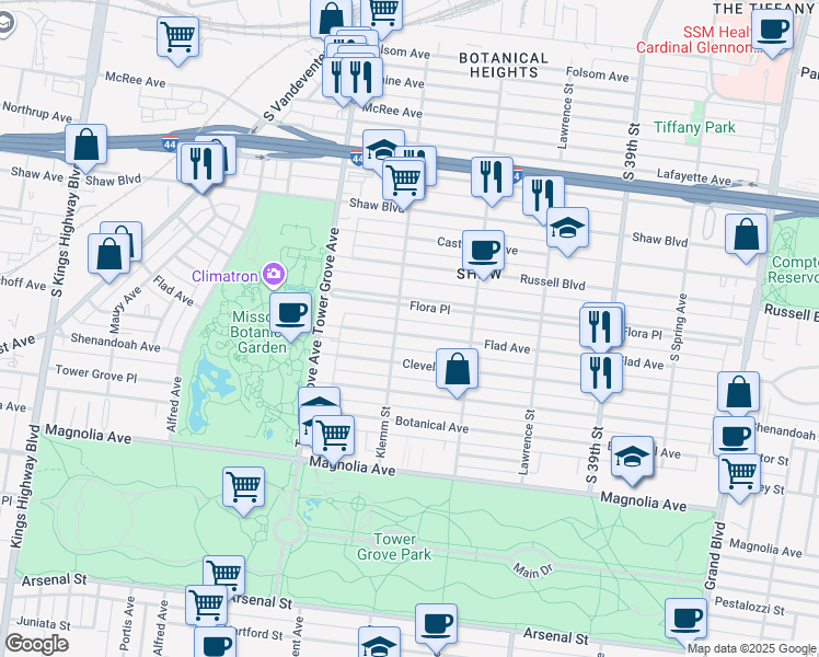 map of restaurants, bars, coffee shops, grocery stores, and more near 4165 Flad Avenue in St. Louis