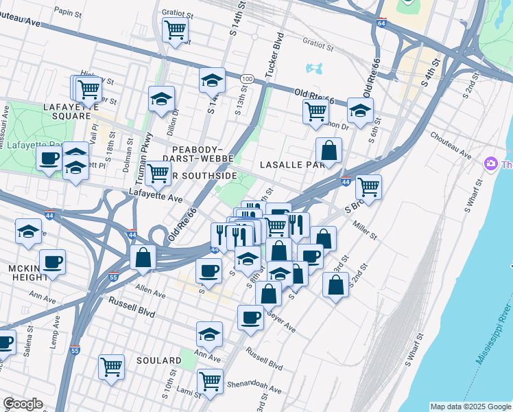 map of restaurants, bars, coffee shops, grocery stores, and more near 1523 South 10th Street in St. Louis