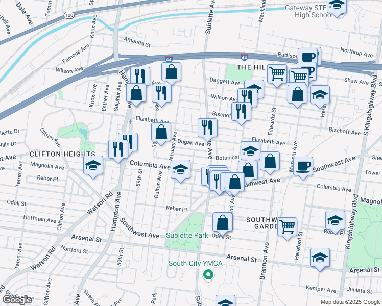 map of restaurants, bars, coffee shops, grocery stores, and more near 5605 Botanical Avenue in St. Louis