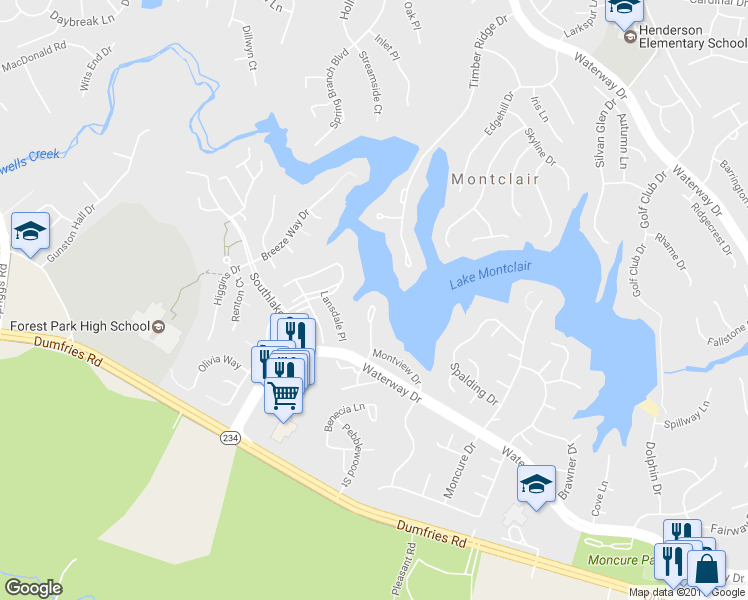 map of restaurants, bars, coffee shops, grocery stores, and more near 15742 Widewater Drive in Dumfries