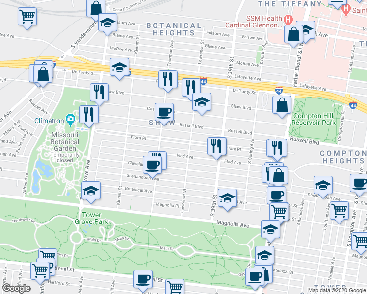 map of restaurants, bars, coffee shops, grocery stores, and more near 4012 Flora Place in St. Louis
