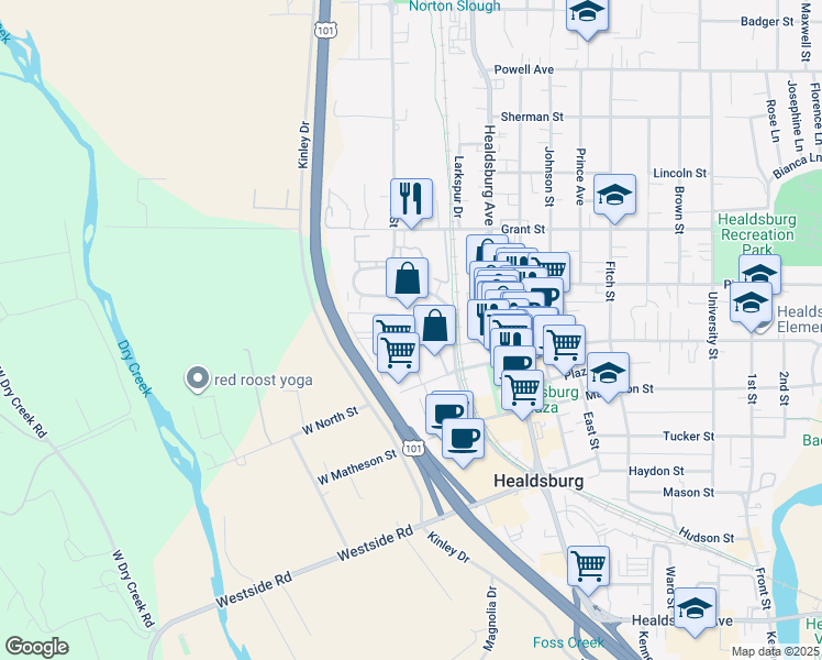 map of restaurants, bars, coffee shops, grocery stores, and more near 486 Moore Lane in Healdsburg