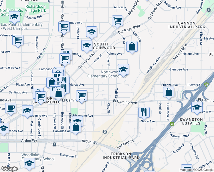 map of restaurants, bars, coffee shops, grocery stores, and more near 1136 Frienza Avenue in Sacramento