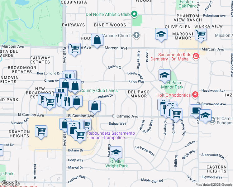 map of restaurants, bars, coffee shops, grocery stores, and more near 3808 Lasuen Drive in Sacramento