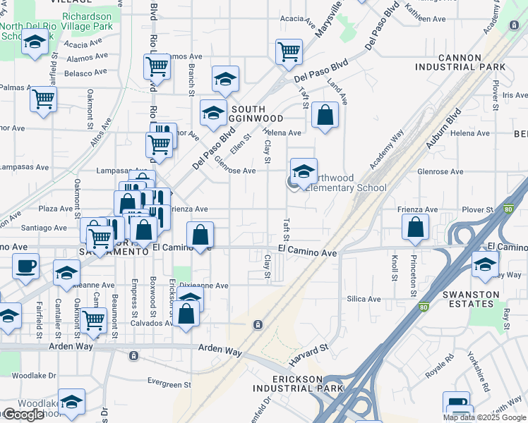map of restaurants, bars, coffee shops, grocery stores, and more near 1131 Frienza Avenue in Sacramento