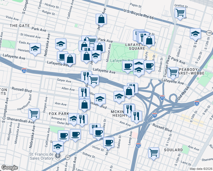 map of restaurants, bars, coffee shops, grocery stores, and more near in St. Louis