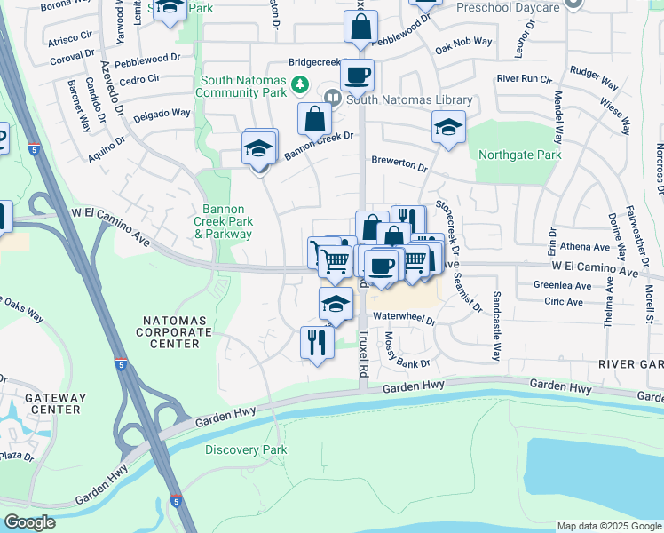 map of restaurants, bars, coffee shops, grocery stores, and more near 1681 West El Camino Avenue in Sacramento