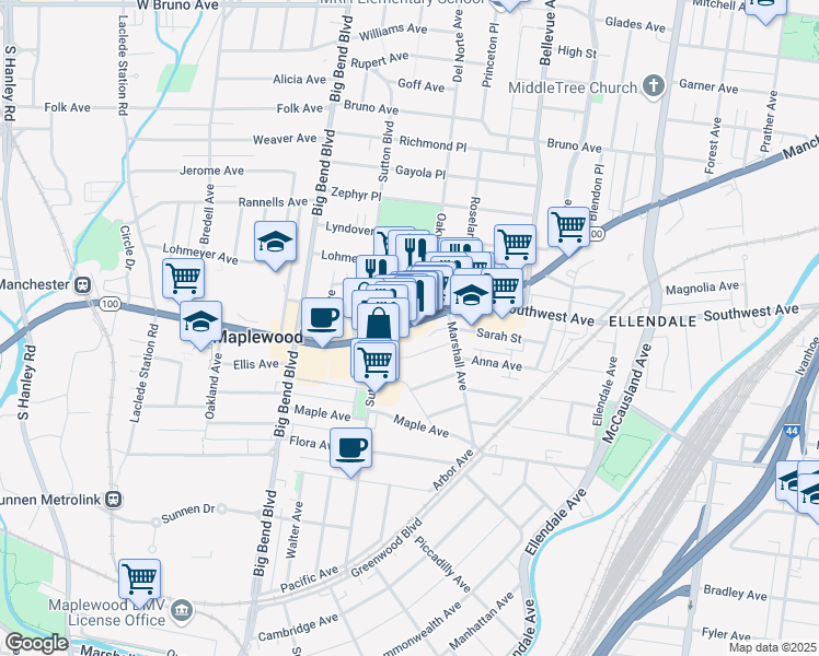 map of restaurants, bars, coffee shops, grocery stores, and more near 7320 Missouri 100 in Maplewood