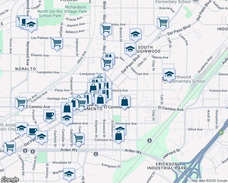 map of restaurants, bars, coffee shops, grocery stores, and more near 950 Frienza Avenue in Sacramento