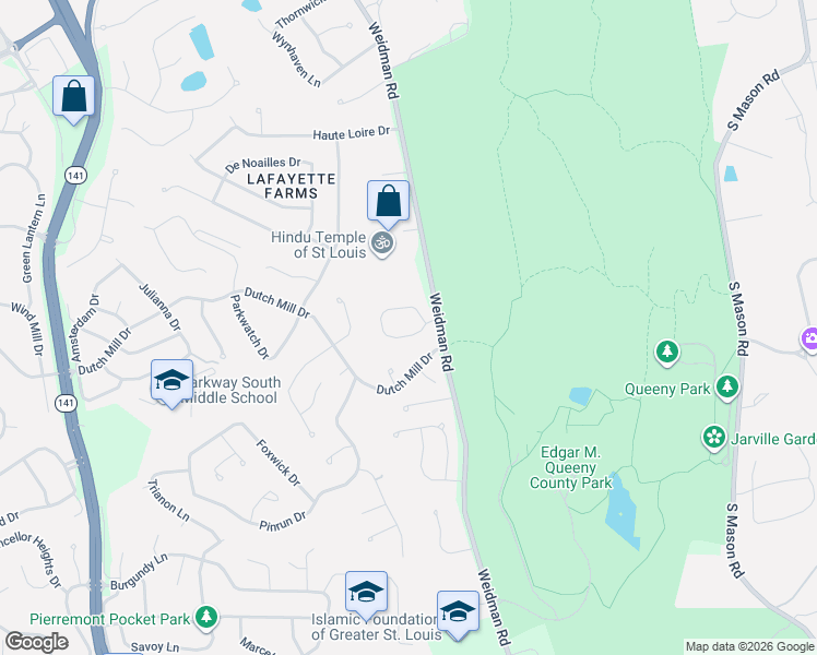 map of restaurants, bars, coffee shops, grocery stores, and more near 1323 Parkview Valley Drive in Ballwin