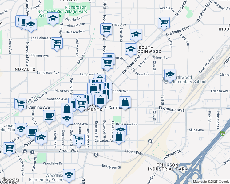 map of restaurants, bars, coffee shops, grocery stores, and more near 956 Frienza Avenue in Sacramento