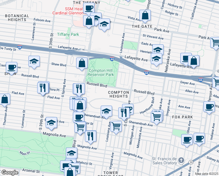 map of restaurants, bars, coffee shops, grocery stores, and more near 3438 Russell Boulevard in St. Louis