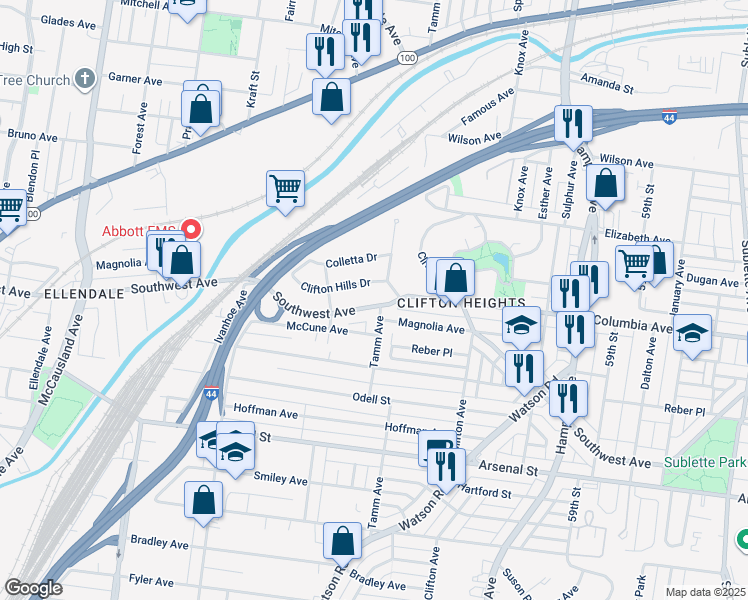 map of restaurants, bars, coffee shops, grocery stores, and more near 6429 Southwest Avenue in St. Louis