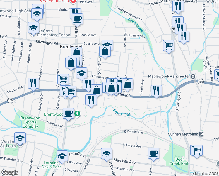 map of restaurants, bars, coffee shops, grocery stores, and more near 2646 Ruth Avenue in Brentwood