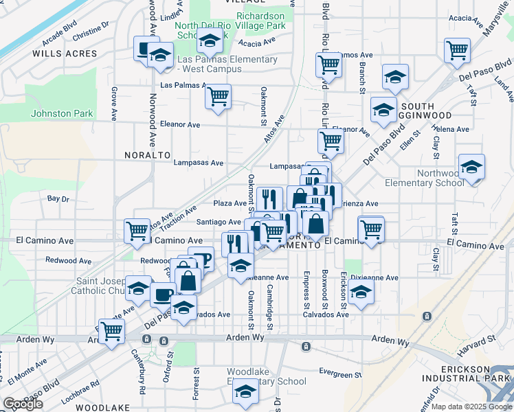map of restaurants, bars, coffee shops, grocery stores, and more near 704 Plaza Avenue in Sacramento