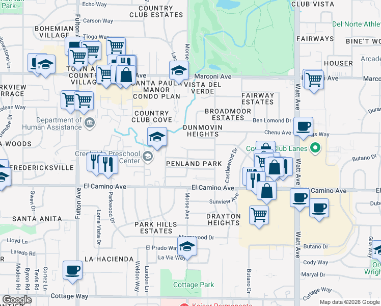 map of restaurants, bars, coffee shops, grocery stores, and more near 3100 Crest Haven Drive in Sacramento