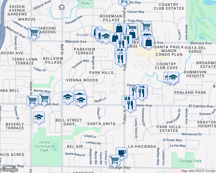 map of restaurants, bars, coffee shops, grocery stores, and more near 2636 Park Hills Drive in Sacramento