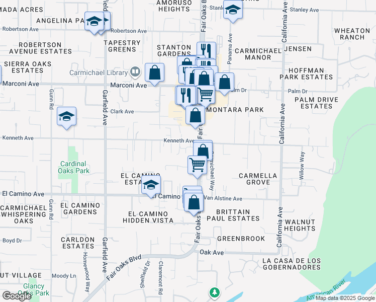 map of restaurants, bars, coffee shops, grocery stores, and more near 2635 Marie Ann Lane in Carmichael