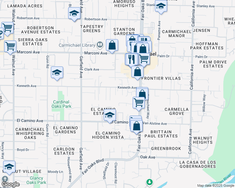 map of restaurants, bars, coffee shops, grocery stores, and more near 5710 Kenneth Avenue in Carmichael