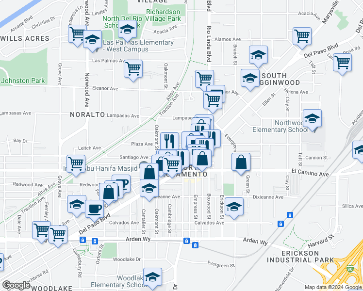 map of restaurants, bars, coffee shops, grocery stores, and more near 798 Plaza Avenue in Sacramento