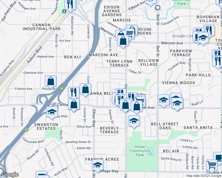 map of restaurants, bars, coffee shops, grocery stores, and more near 2594 Darwin Street in Sacramento