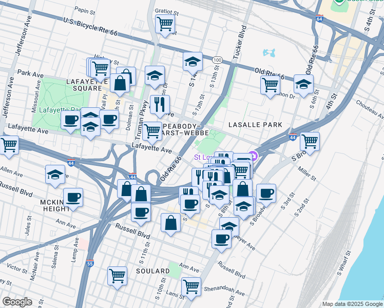 map of restaurants, bars, coffee shops, grocery stores, and more near 1614 South Tucker Boulevard in St. Louis