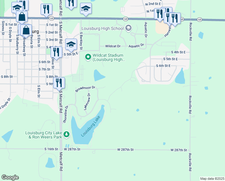 map of restaurants, bars, coffee shops, grocery stores, and more near 601 Broadmoor Cove in Louisburg